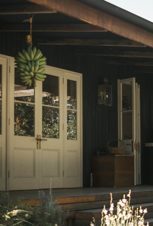 A rustic porch with open white doors and a hanging plant.
