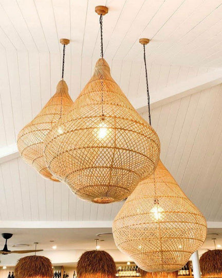 3 Rattan Pendants hanging at the Loft Restaurant Byron Bay