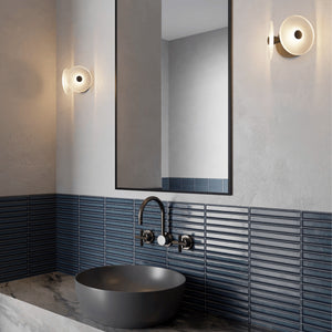 Coral Twin Wall Light in a bathroom with bronze and frosted finishes