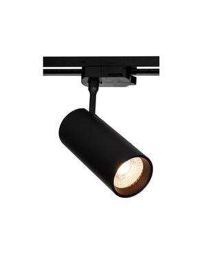 Black track light fixture on a white background