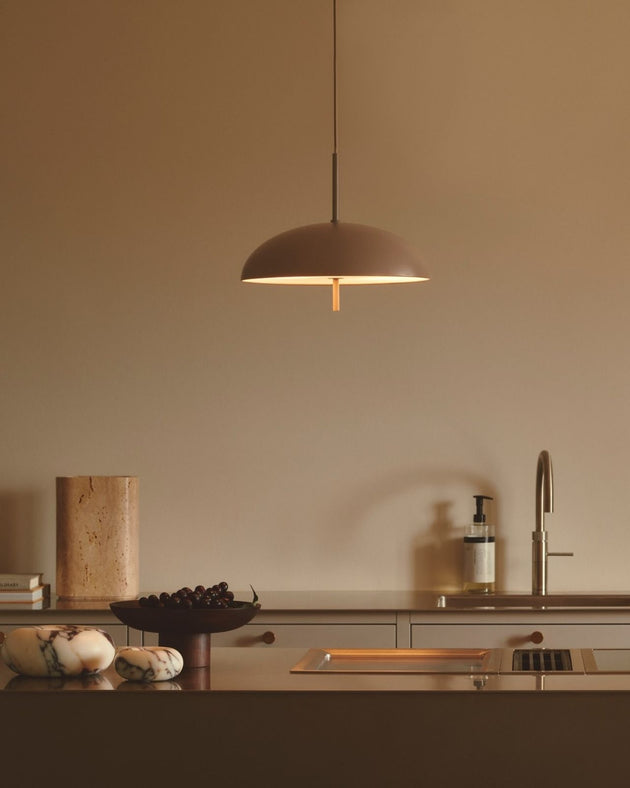 Small Brown Scandinavian Wide Dome Pendant in Kitchen - Lighting Collective 