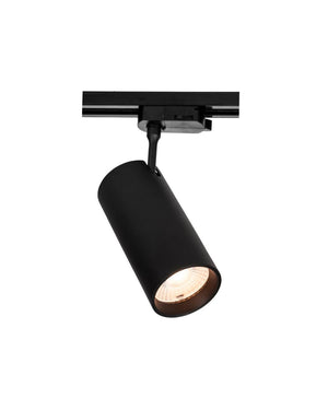 Black track light fixture on a white background