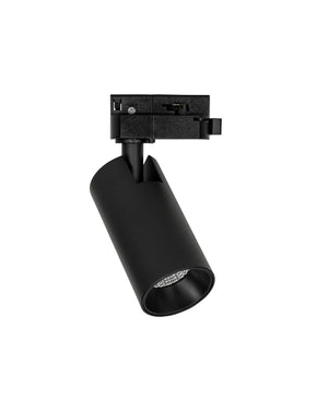 Black track light fixture on a white background