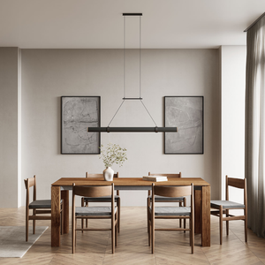 Aluminium and Walnut Wood Cylindrical Linear Pendant | Lighting Collective | matte black and natural | over a dining table in a warm setting