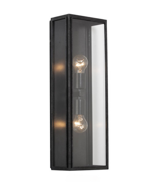 Black wall-mounted light fixture with glass panels and two E27 Bulbs mounted up and down