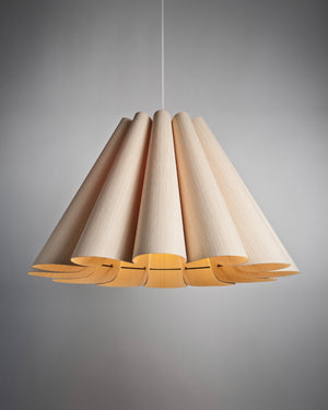 Wooden pendant light with a unique design on a gray background