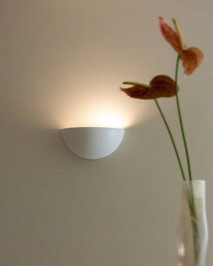 Wall-mounted light fixture casting a warm glow on a plain wall with a vase of flowers in the foreground.