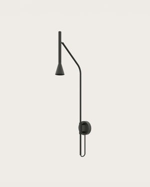 Black wall lamp with adjustable arm on a light gray background