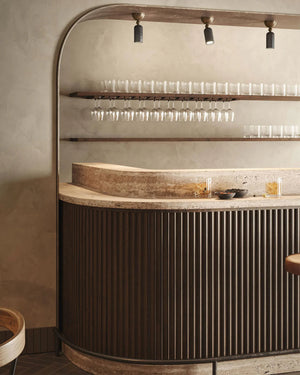 Dainty Brass Italian Ceiling Lights positioned over a retro bar