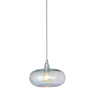 Silver pendant light with a clear glass shade on a white background