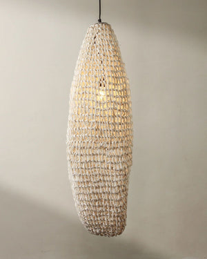 Elongated Handwoven Paper Rope Column Pendant | White