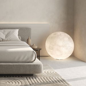 Fibreglass Moon Floor Lamp | Lighting Collective | near a bed