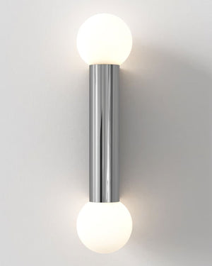 Wall-mounted light fixture with two spherical bulbs on a plain background