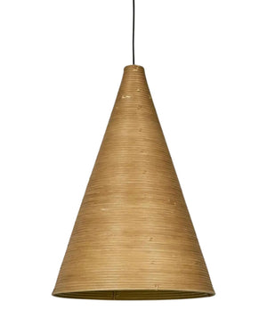 Wooden cone-shaped pendant light on a white background
