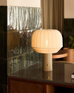 Knitted Stretched Fabric Table Lamp in Cafe Setting 