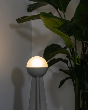 Modern floor lamp with a glowing light bulb next to a plant against a neutral wall.