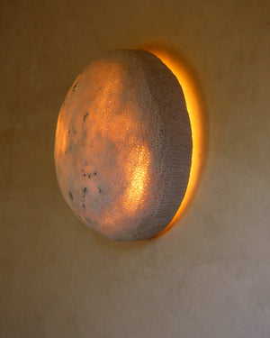 Ceramic wall sconce emitting a warm glow on a beige wall