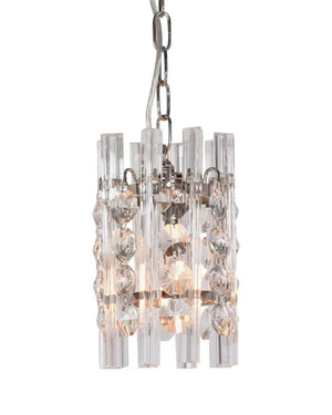 Glass chandelier with clear glass and metal accents on a white background