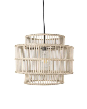Woven pendant light with two tiers on a white background