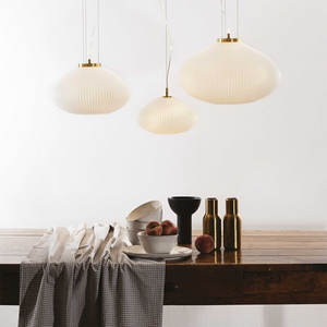 Opal White Textured Glass Pendant | Lighting Collective | three sizes over a dining table 