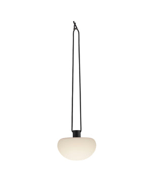 Pendant light with white glass shade and black metal fixture on a white background