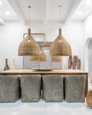 Rattan and Iron Pendant Shade | Soul | Lighting Collective | Pendants Suspended Above Dining Table
