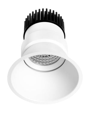 White LED downlight with black heat sink on a white background