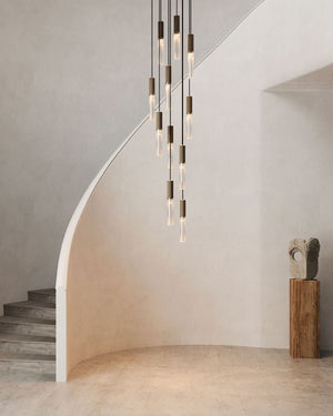 Reeded Glass and Brass Cylindrical Single Pendant