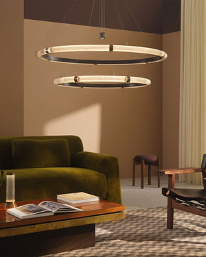 Ribbed Glass Circular Suspended Pendant in Mid-Century Lounge Room 