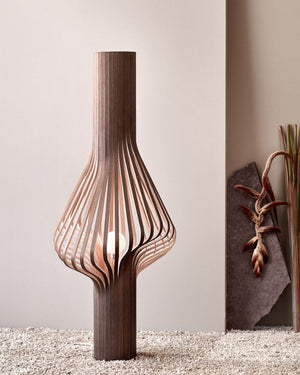 Scandinavian Wooden floor lamp with a modern design on a neutral background