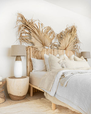 Textured Rattan Tall Table Lamp | Induka | Lighting Collective | Lamp in Bedroom on Bedside Table