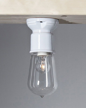 Clear light bulb with white base mounted on a gray background