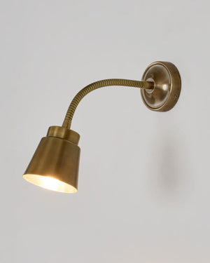 An adjustable antique brass wall light mounted on a white wall with a warm glow