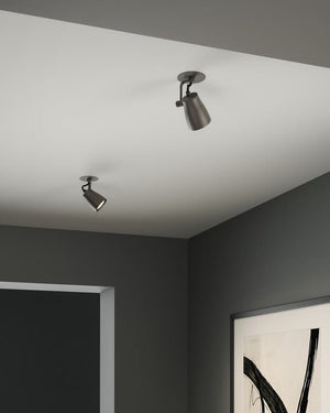 two dark bronze recessed spotlight on ceiling above framed painting