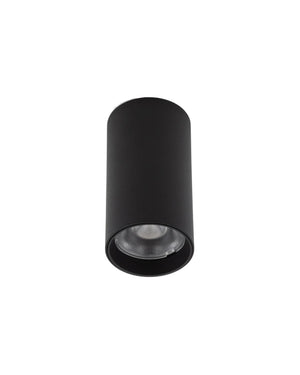 Aluminium Surface Mount Downlight in matte black cylindrical body with integrated LED on white background