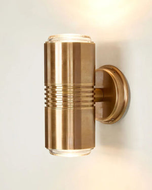 Antique Brass Ribbed Cylindrical Up Down Wall Light | Side View | Light On