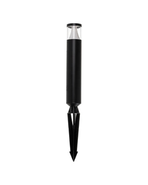 Black IP65 Garden Spike Light with a clear glass head above a slim aluminium column and ground spike.
