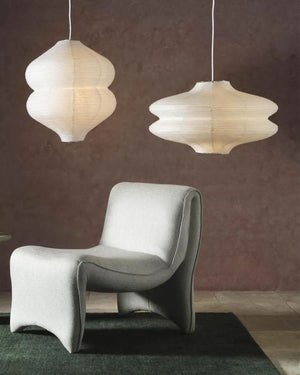Bulbous Ribbed Paper Pendant Styled in Living Room