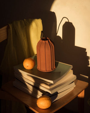Earth orange finish ribbed ceiling light on books with some oranges