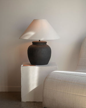 Coastal Ceramic and Linen Table Lamp | Matte Black Styled in a Minimalist Living Room