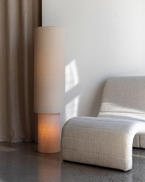 Cylindrical Linen Floor Lamp Styled in a Minimalist Living Room