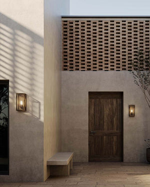 Exterior Pre Aged Box Lights near a door entrance and large window of a contemporary house