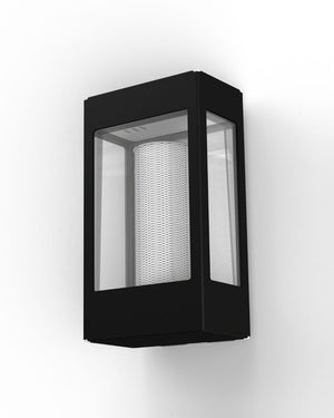 Black outdoor wall light fixture on a white background