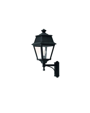 British Green lantern wall light on upright curved bracket with glass panel sides