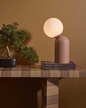 A frosted sphere metal base lamp styled in a warm interior on top of books next to a bonsai 