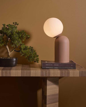 A frosted sphere metal base lamp styled in a warm interior on top of books next to a bonsai 