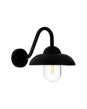 Glass Dome Wall Light in black, a 250mm shade on a swan neck arm above a clear cover and filament globe.