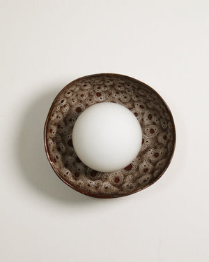 White ochre glazed ceramic shell sconce with spherical bulb mounted on white wall front view
