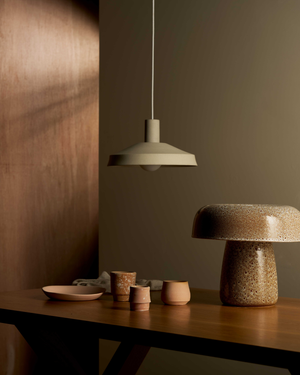 Pendant light and table lamp on a wooden surface with a dark wall background