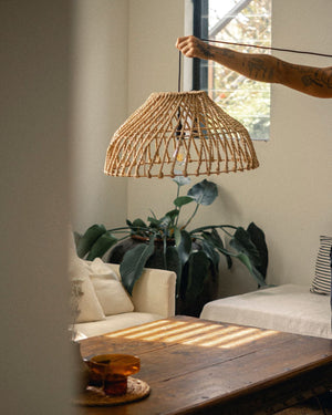 Handwoven Pendant Styled in Coastal Living Room